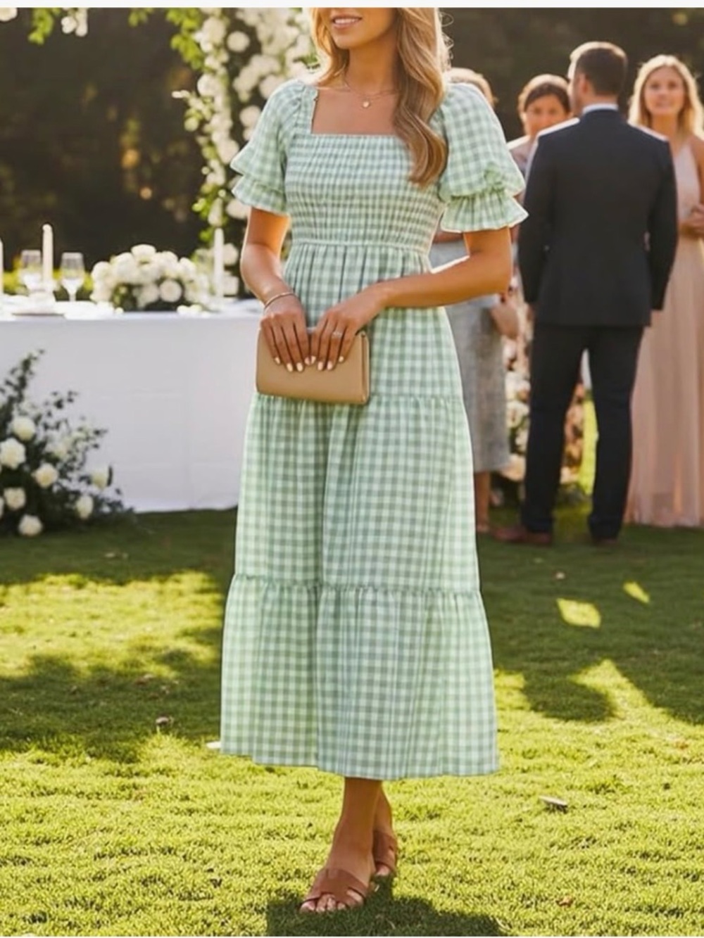 Amazon Light Green Gingham Tiered Midi Dress